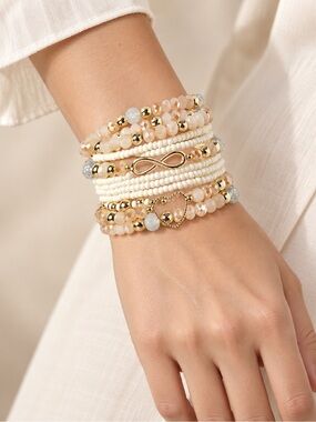 Elegant Ivory & Gold Beaded Bracelet Stack